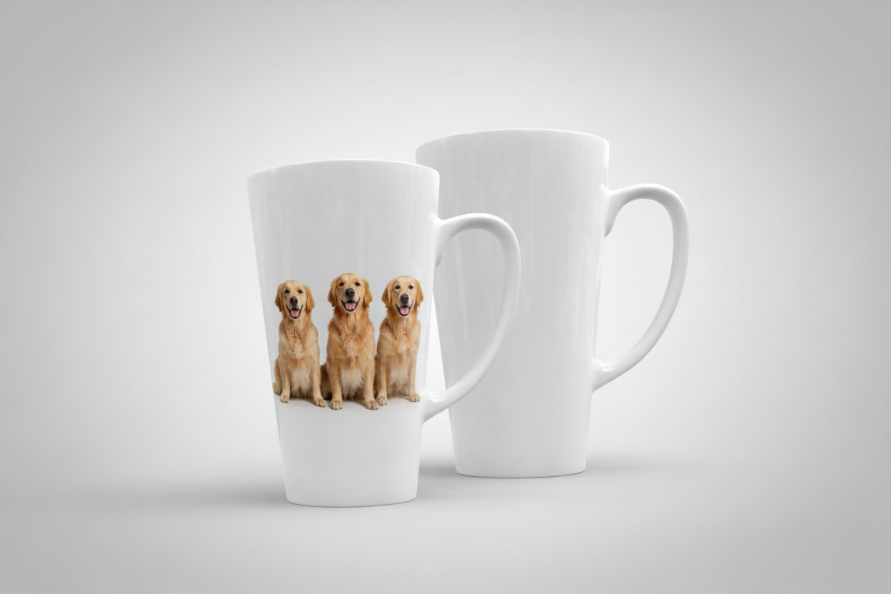 Two white mugs with images of three golden retrievers on a light gray background