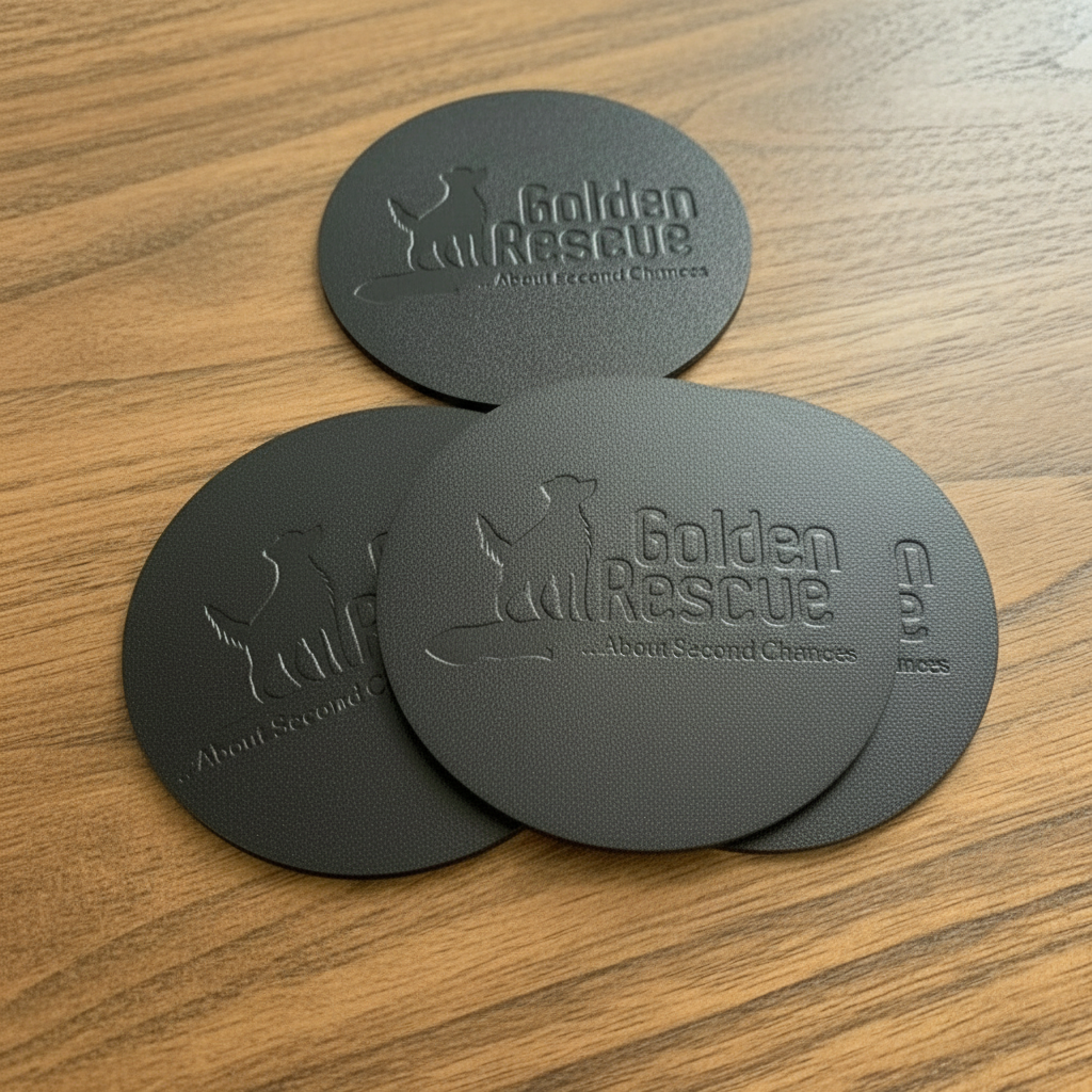 Three black coasters with 'Golden Rescue' logo on a wooden surface