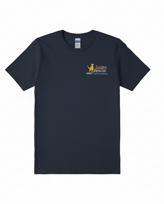 Navy blue t-shirt with a logo on the chest against a white background