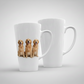 Two white mugs with images of three golden retrievers on a light gray background
