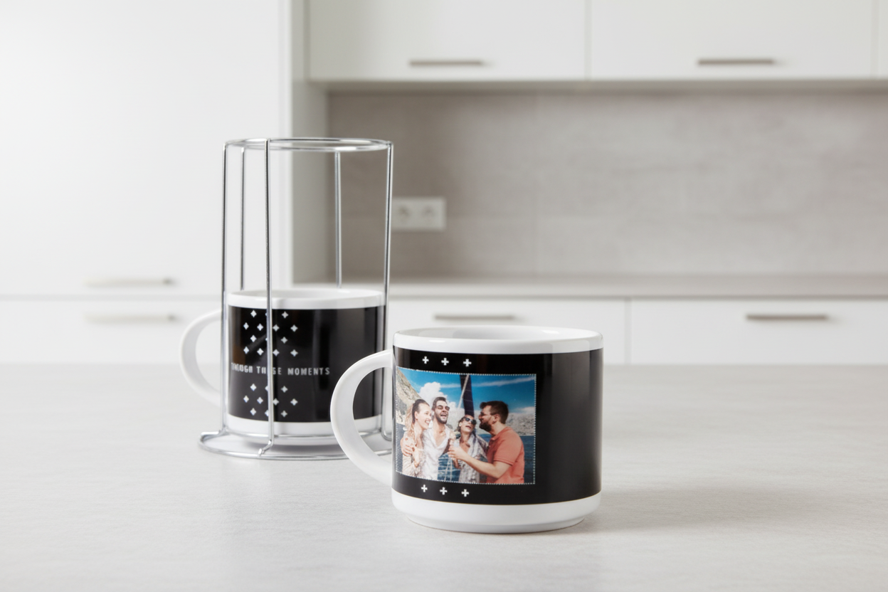 Two mugs with personalized designs on a kitchen counter.