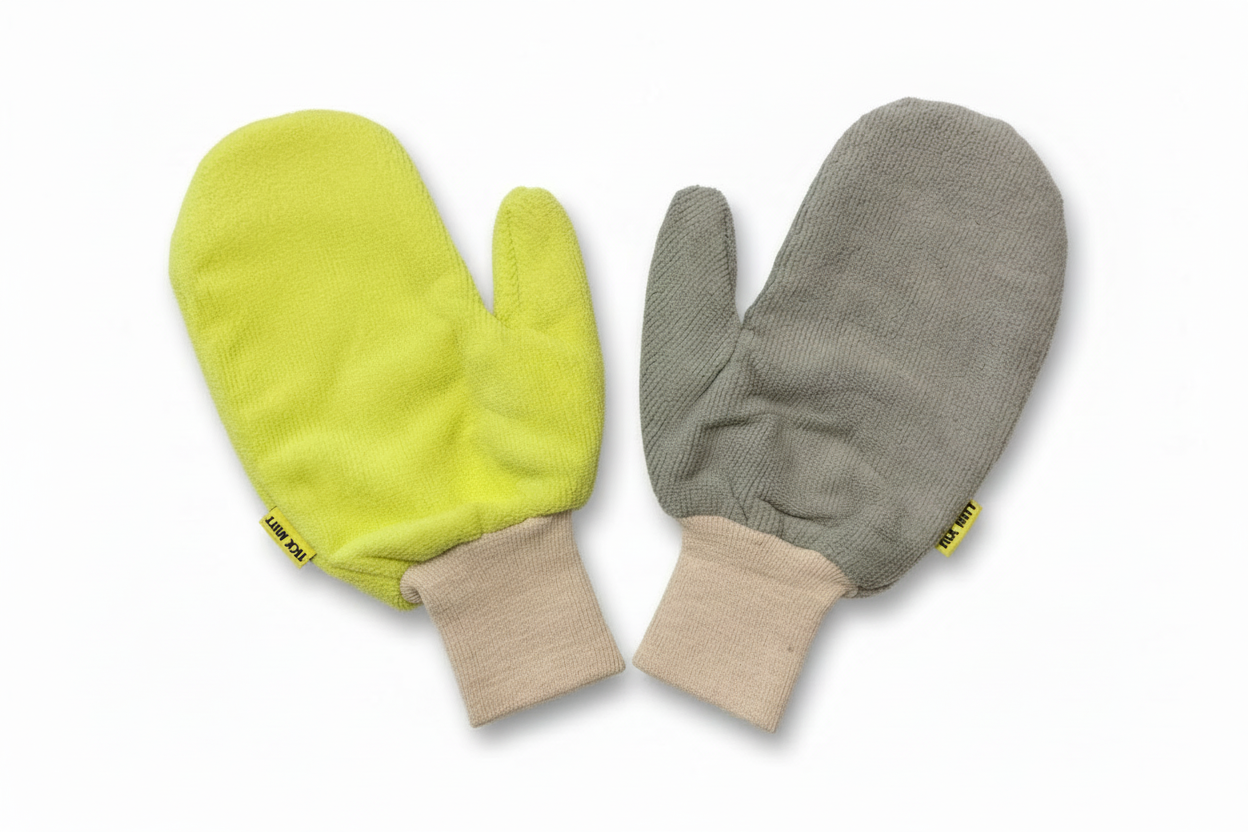 Two tick mitts, one yellow and one gray, on a white background